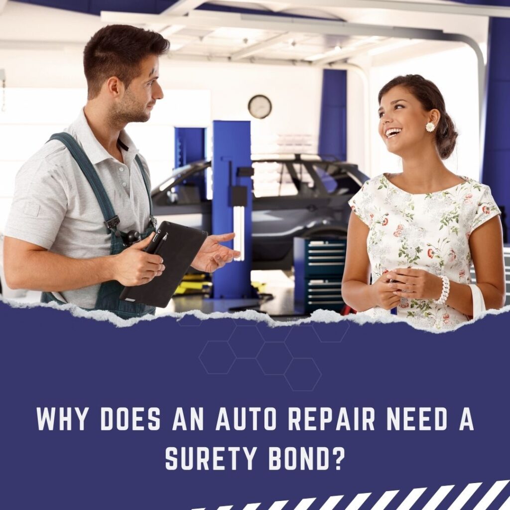 Why does an auto repair need a surety bond? - A customer and mechanic talking with a car being repaired at their back.